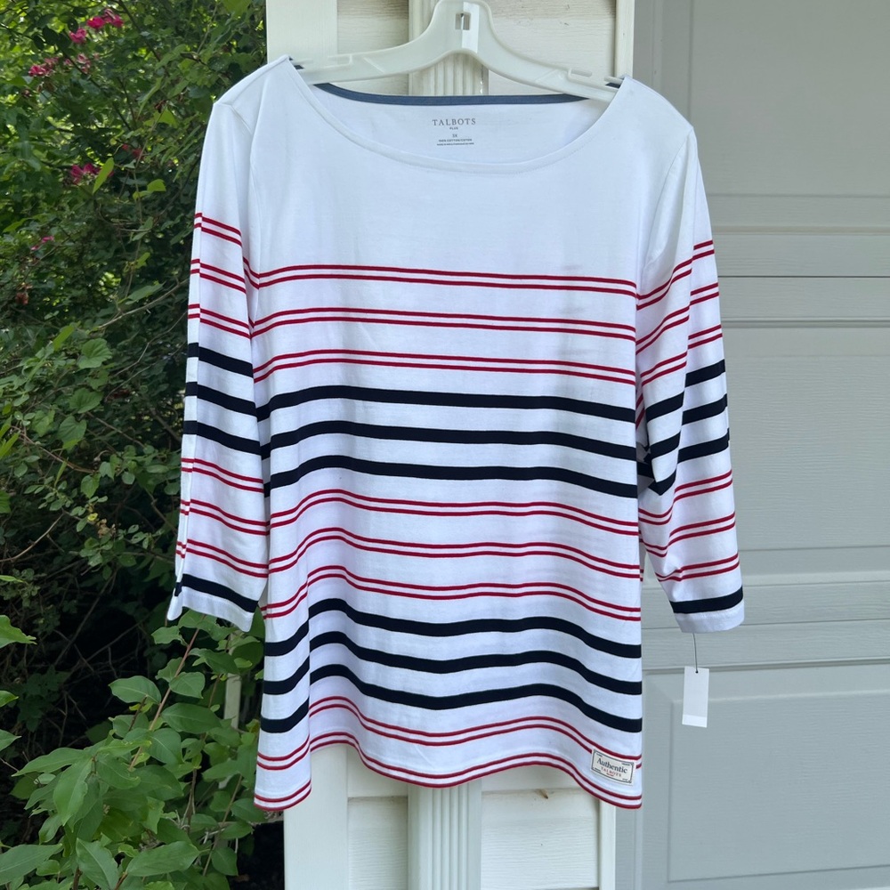 NWT Talbots Pretty Red White Navy Blue Patriotic Stripe Ballet Neck 100% Top